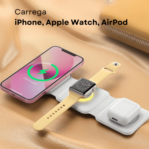 Carregador 3 em 1 Magnetico 15W Sem fio, dobrável para iPhone 12 e 13, Airpod, IWatch 6 e 7 - Gavon